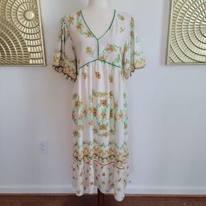 Fig and Flower White and Green Sundress with Flutter Sleeves